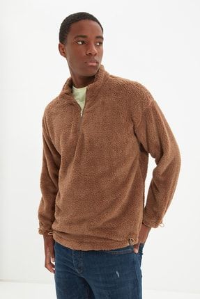 Kahverengi Erkek Regular Fit Yarım Fermuarlı Dik Yaka Peluş Sıcak Tutan Sweatshirt TMNAW22SW0618