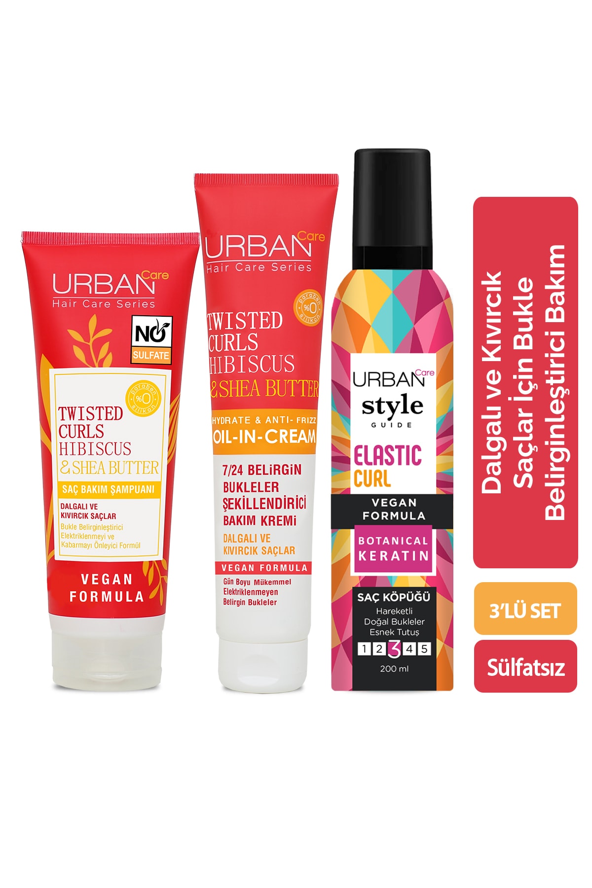 Urban Care Hibiscus&Shea Butter Kıvırcık ve Dalgalı Saçlara Özel 3'lü Bakım Seti-Sülfatsız-Vegan