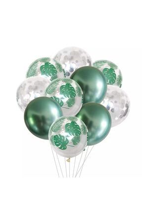 Yeşil Krom Gümüş Konfetili Yaprak Baskılı Balon Demeti 58373