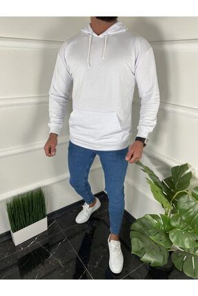 Erkek Beyaz Basic Kapüşonlu Sweatshirt UKD1419
