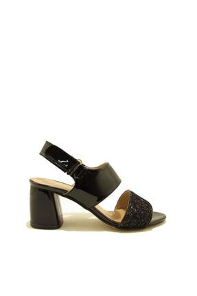 Uldg169-04 Siyah Rugan Kadın Bantlı Cırtllı Kısa Topuk Sandalet ULDG169-04