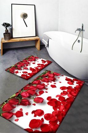 Else Kırmızı Güller Desenli Yıkanabilir Kaymaz Taban 2li Banyo Halısı Paspas Klozet Takımı elseozelbanyo8