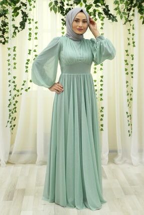 Işıltılı Tesettür Abiye Elbise - Çağla Yeşili FC-2230CY