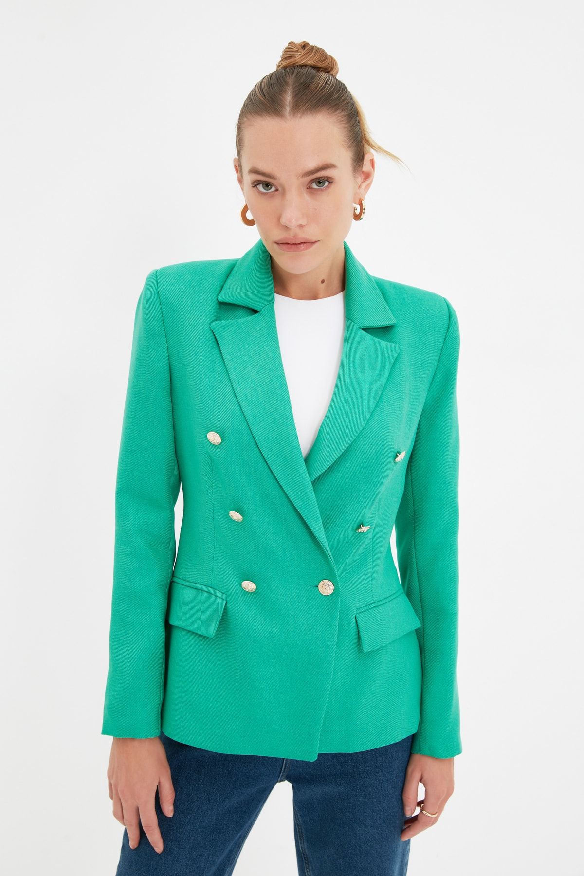Trendyol Collection-Smaragdgrüner, normal gefütterter, zweireihiger Blazer aus Webstoff mit Verschluss TWOAW21CE0345 2