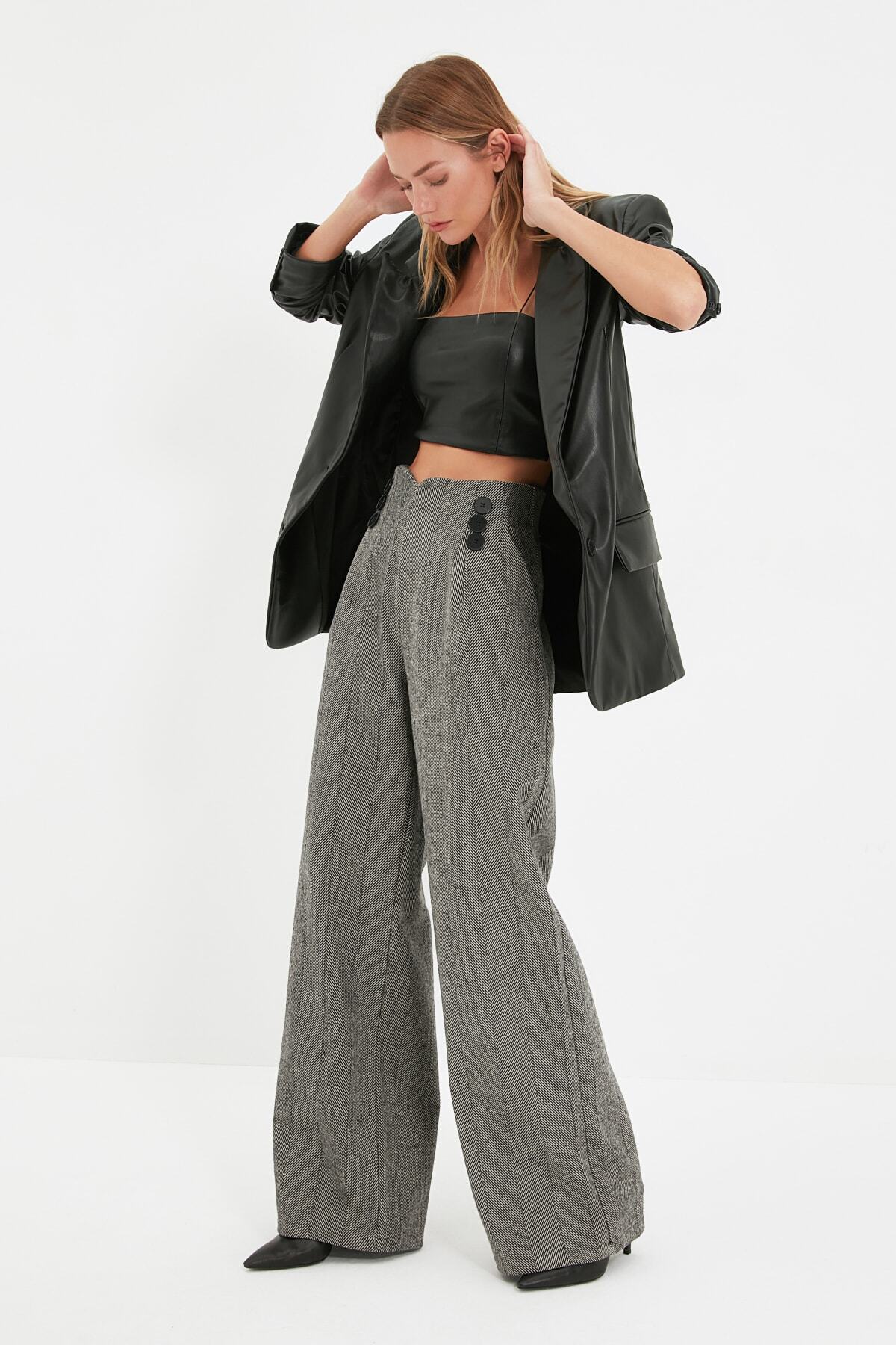 Trendyol Collection Сірі ткані штани з широкими штанинами на ґудзиках TWOAW21PL0492 Palazzo