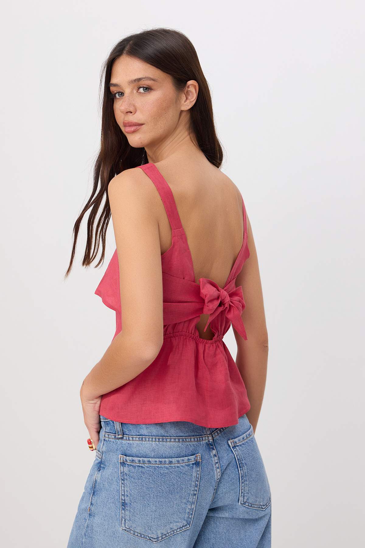 Trendyolmilla Fuşya %100 Keten Arkası Bağlama Detaylı Bluz TWOSS26BZ00679