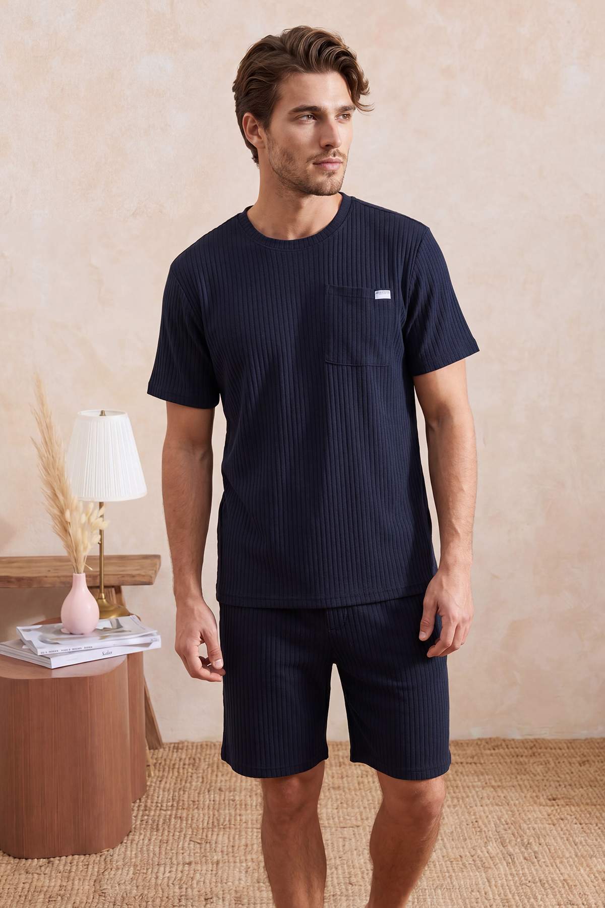 Trendyolmilla Man Lacivert Regular Fit Büyük Beden Fitilli Örme Pijama Takımı TMNSS26AI00003