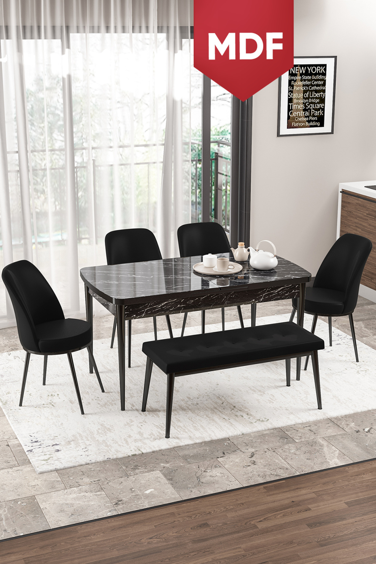 Via Series MDF Retractable Kitchen Table Set Black Marble Pattern Table 4 Black Chairs 1 Bench