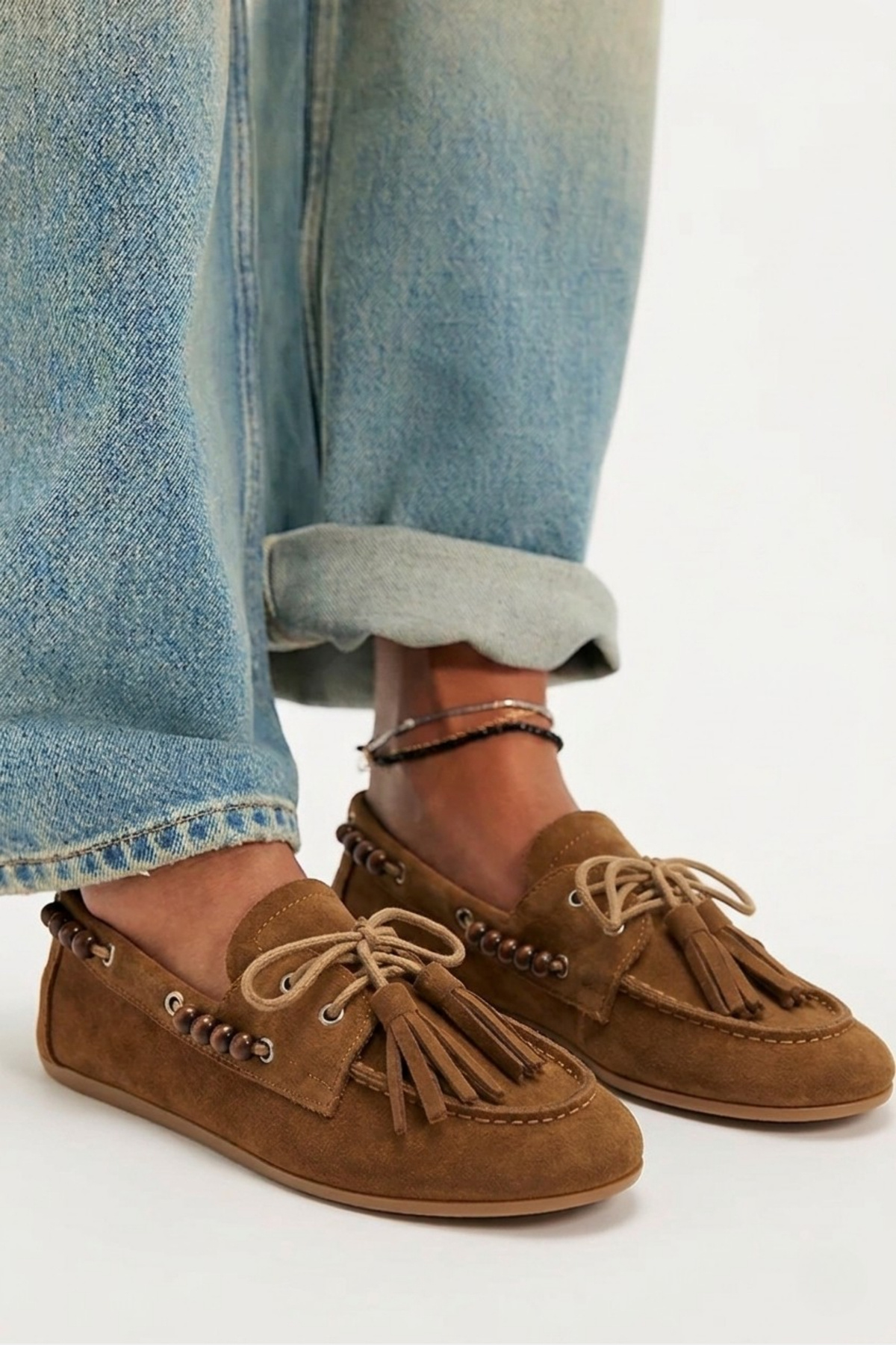 BonuStep Odessa Loafer Kadın Taba Hakiki Süet Deri Boncuk ve Püskül Detaylı Kaymaz Termotaban Loafer Ayakkabı görsel 6