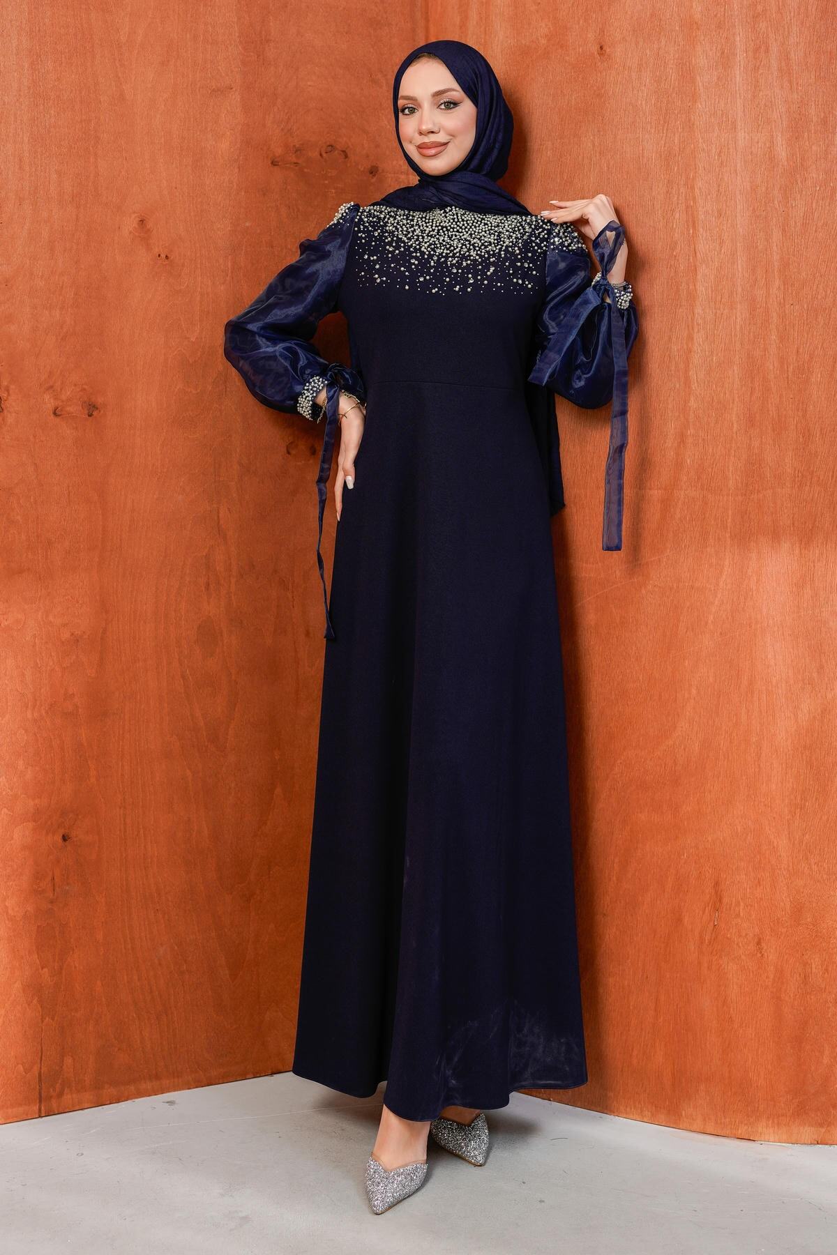 Navy Blue Tulle Beaded Evening Dress