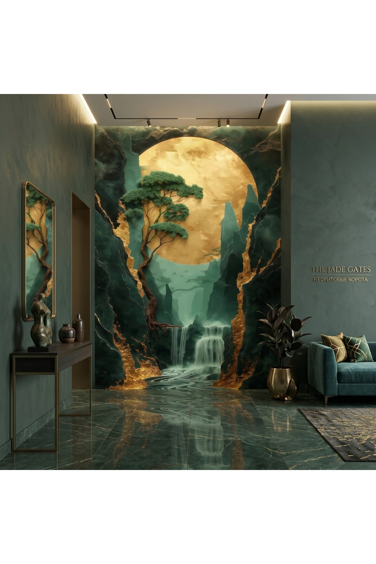 3D Wallpaper with Golden Moon and Emerald Waterfall View