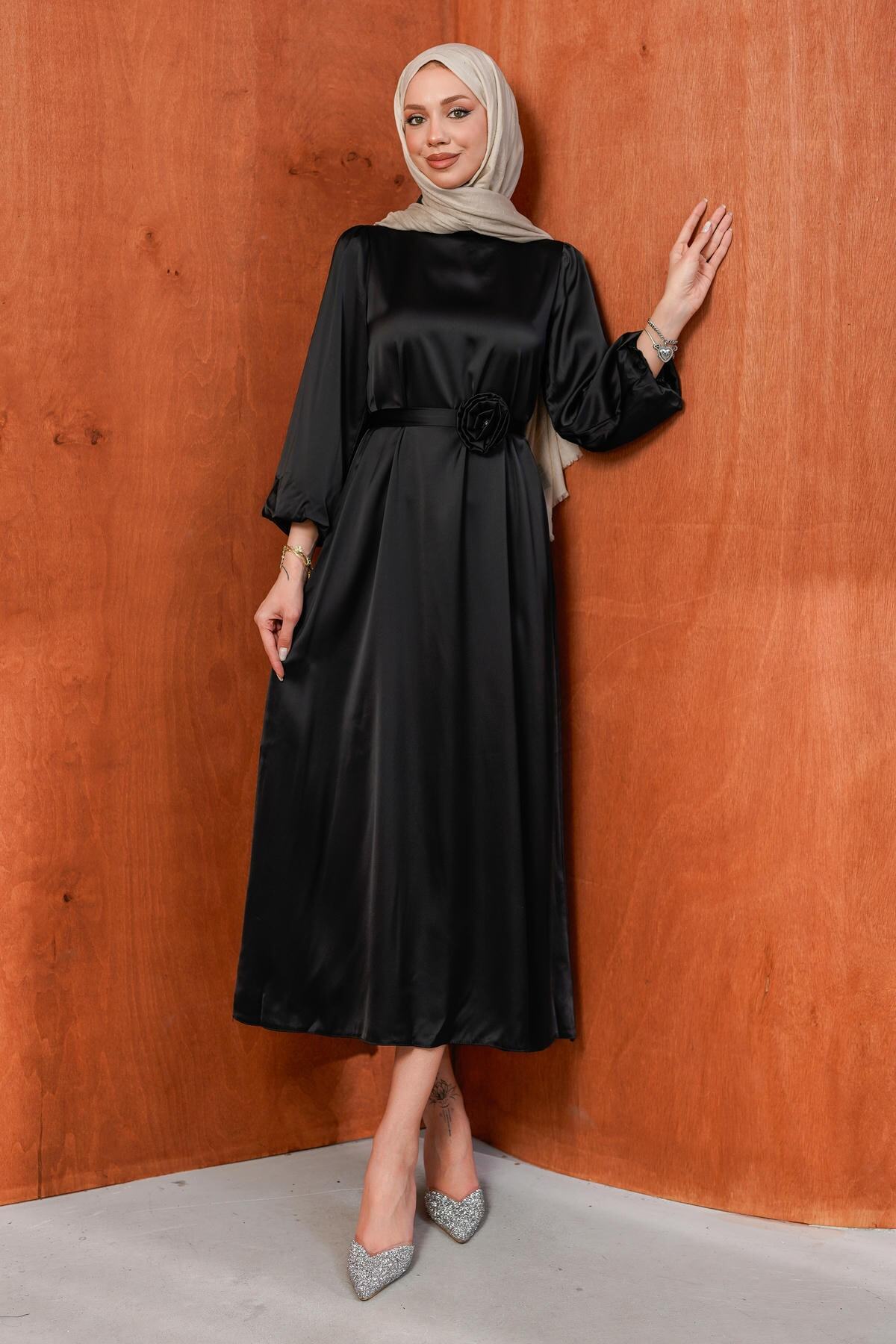 Black Rose Belt Detailed Balloon Sleeve Satin Evening Dress