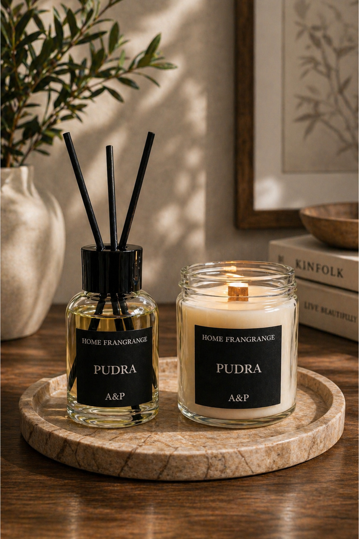(EXCLUDING PLATE) Powder Scented Wooden Wick Jar Candle and Room Fragrance Set (EXCLUDING BASE)
