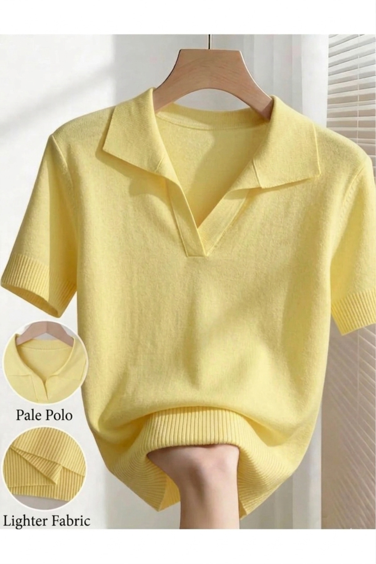 Polo Neck Short Sleeve Yellow Women's Knitwear T-Shirt