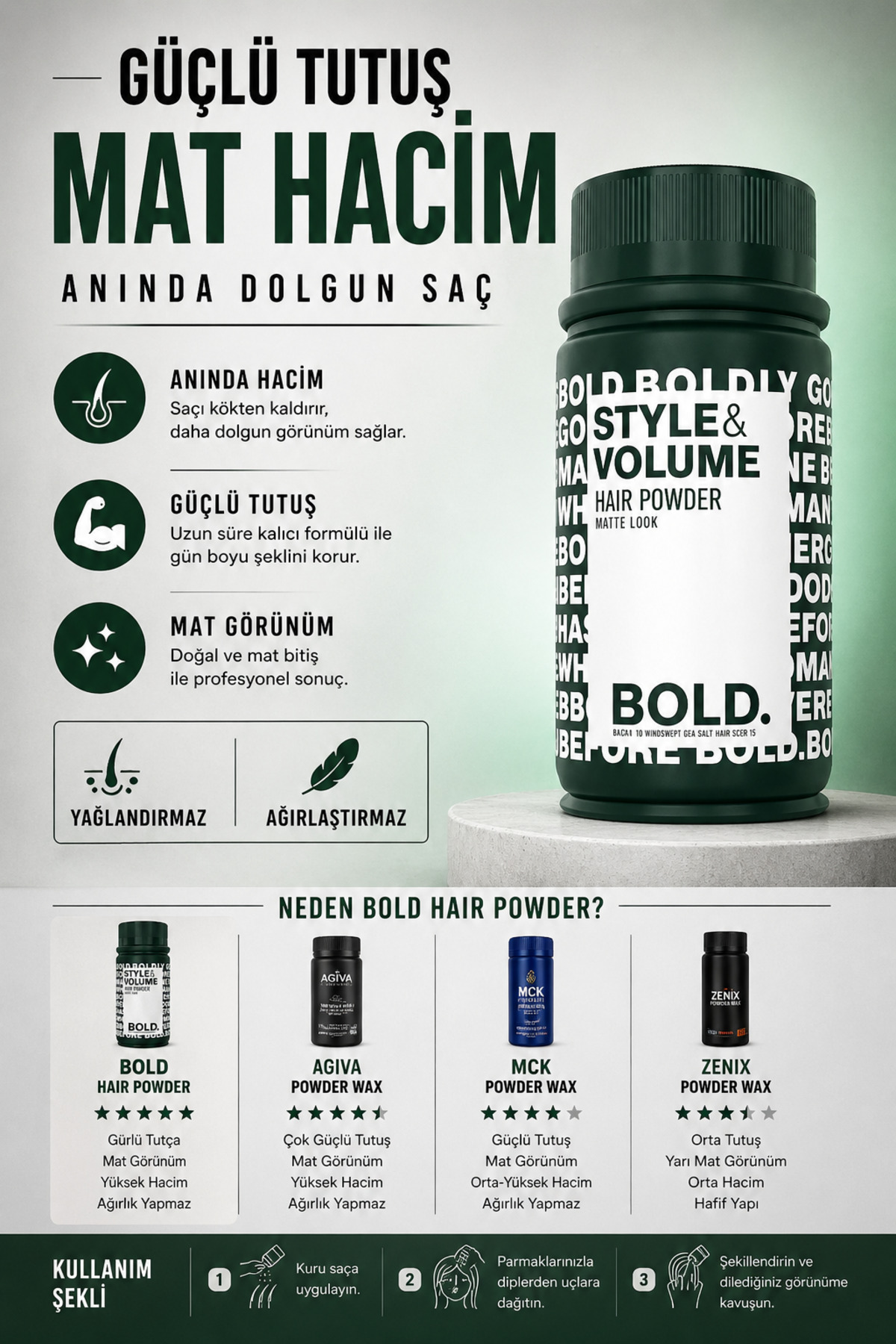 BOLD Güçlü Tutuş Hair Powder 20 gr | Mat Hacim Veren Saç Pudrası, Doğal Görünüm, Toz Wax — Powder Mat Toz