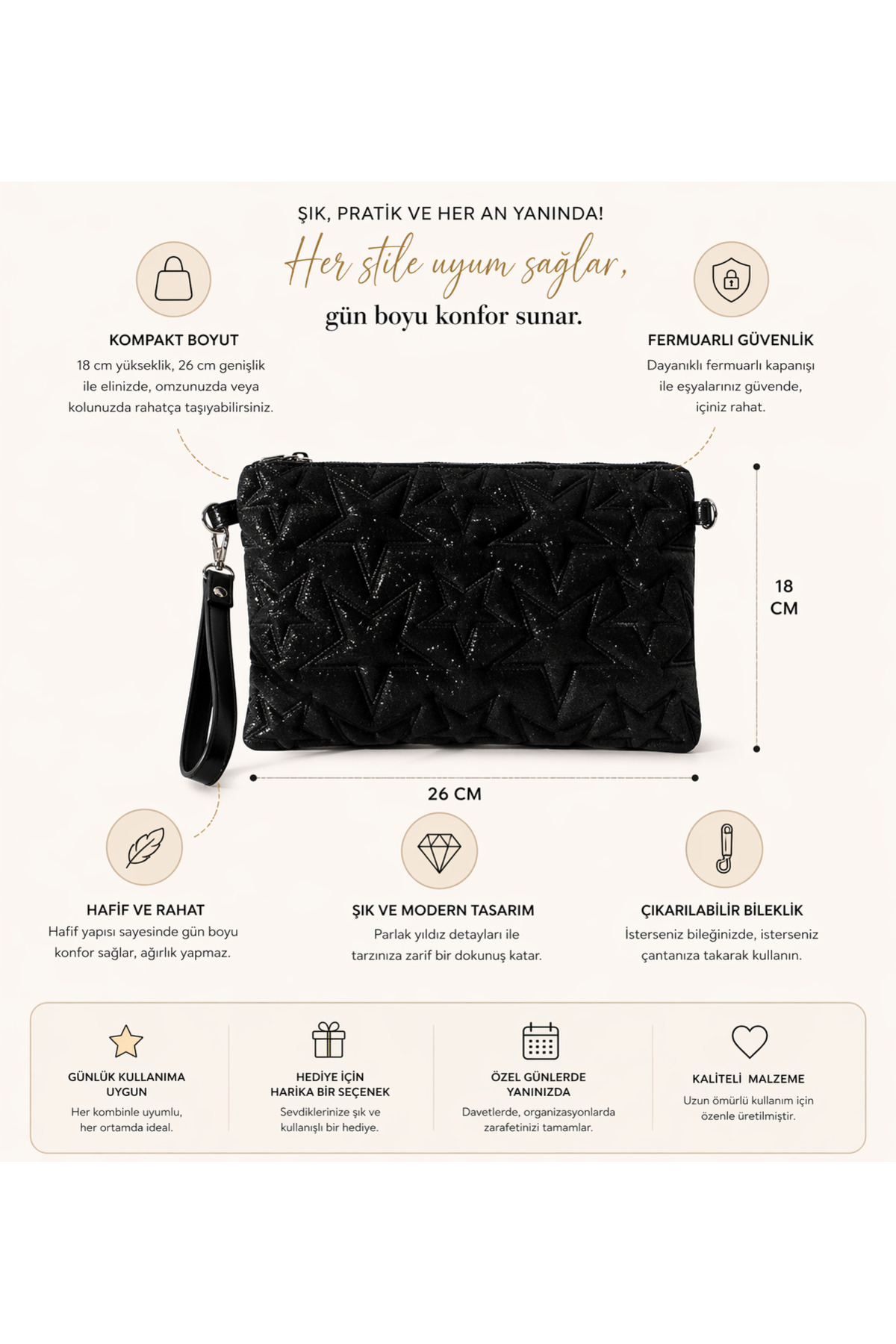 dericom Yıldız Desenli Siyah Simli Kadın Portföy Clutch Çanta görsel 2