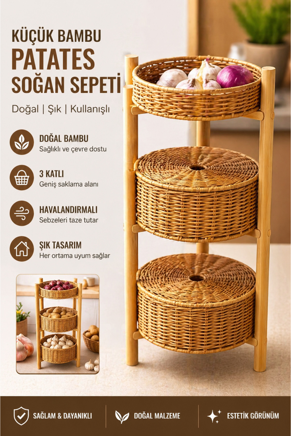 ADR Bambu Patates Soğan Sepeti 3 Katlı Kapaklı Sebzelik Doğal