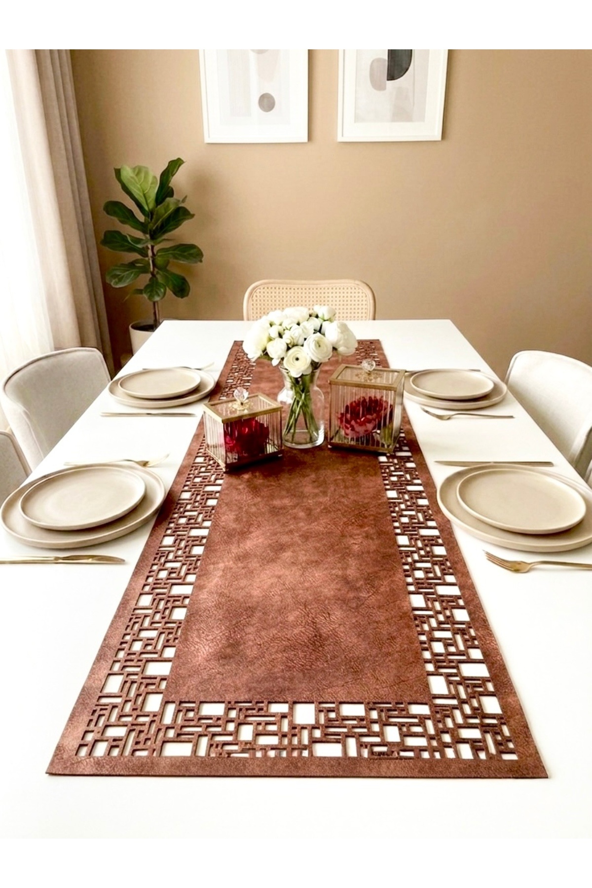 Red Brown Suede Fabric Runner 40x140 Cm Table Length -geometric Rectangular Pattern