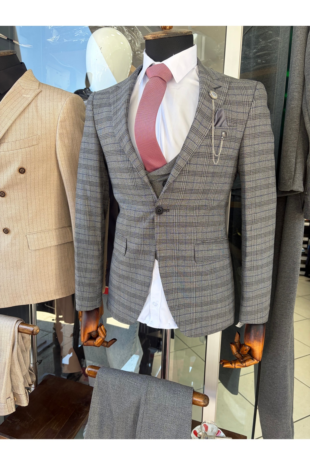 ŞIK ADAM Slim Fit Gri Ekose Yelekli Klasik Takım Elbise görsel 3