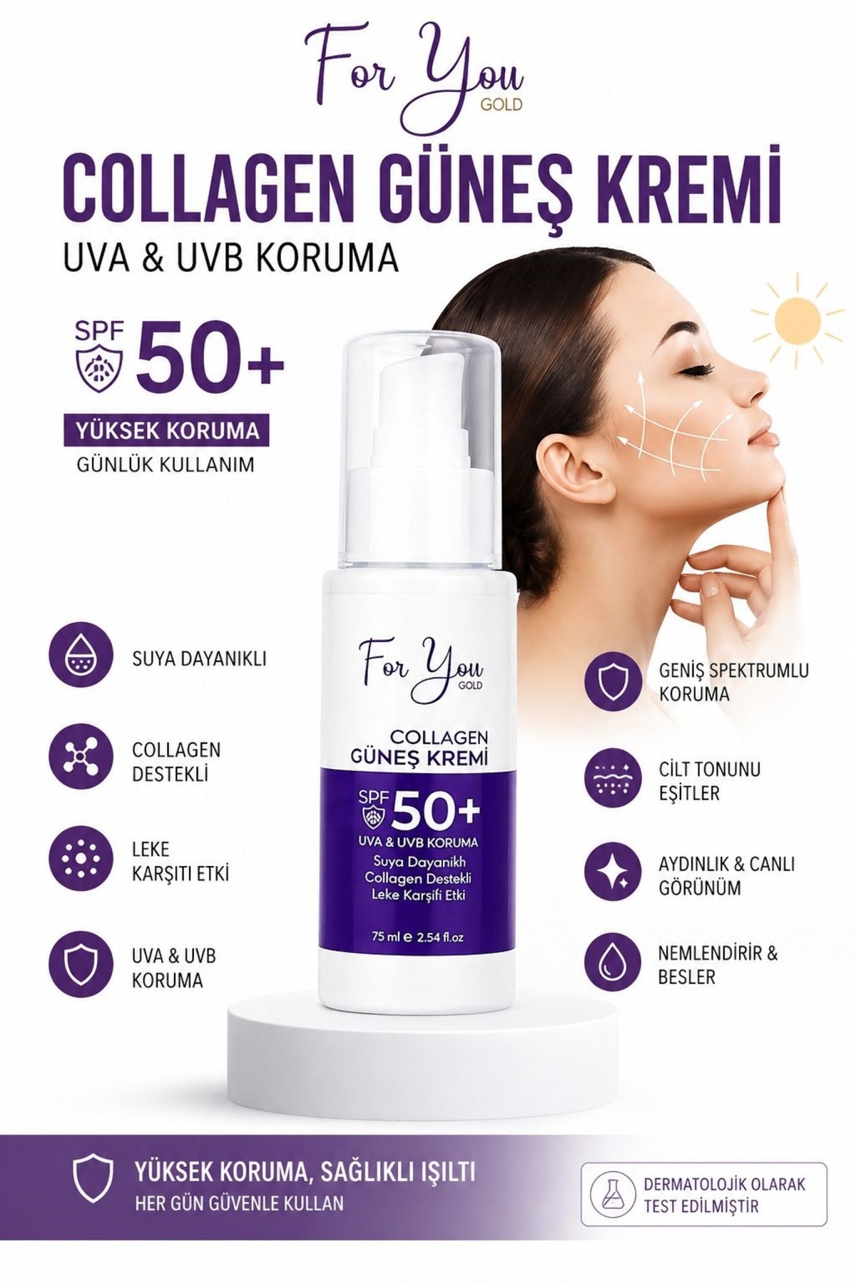 Collagen Destekli, Leke Karşıtı, Yüksek Koruma Ton Eşitleyici SPF+50 Yüz ve Vücut Güneş Kremi 75 ml — colgünes01 — تصویر 2 از 5