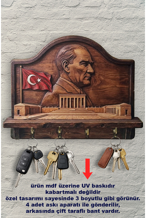 Time in a Tin 2D Ahşap Anahtar Askılığı Retro Atatürk ve Anıtkabir Temalı Dek...