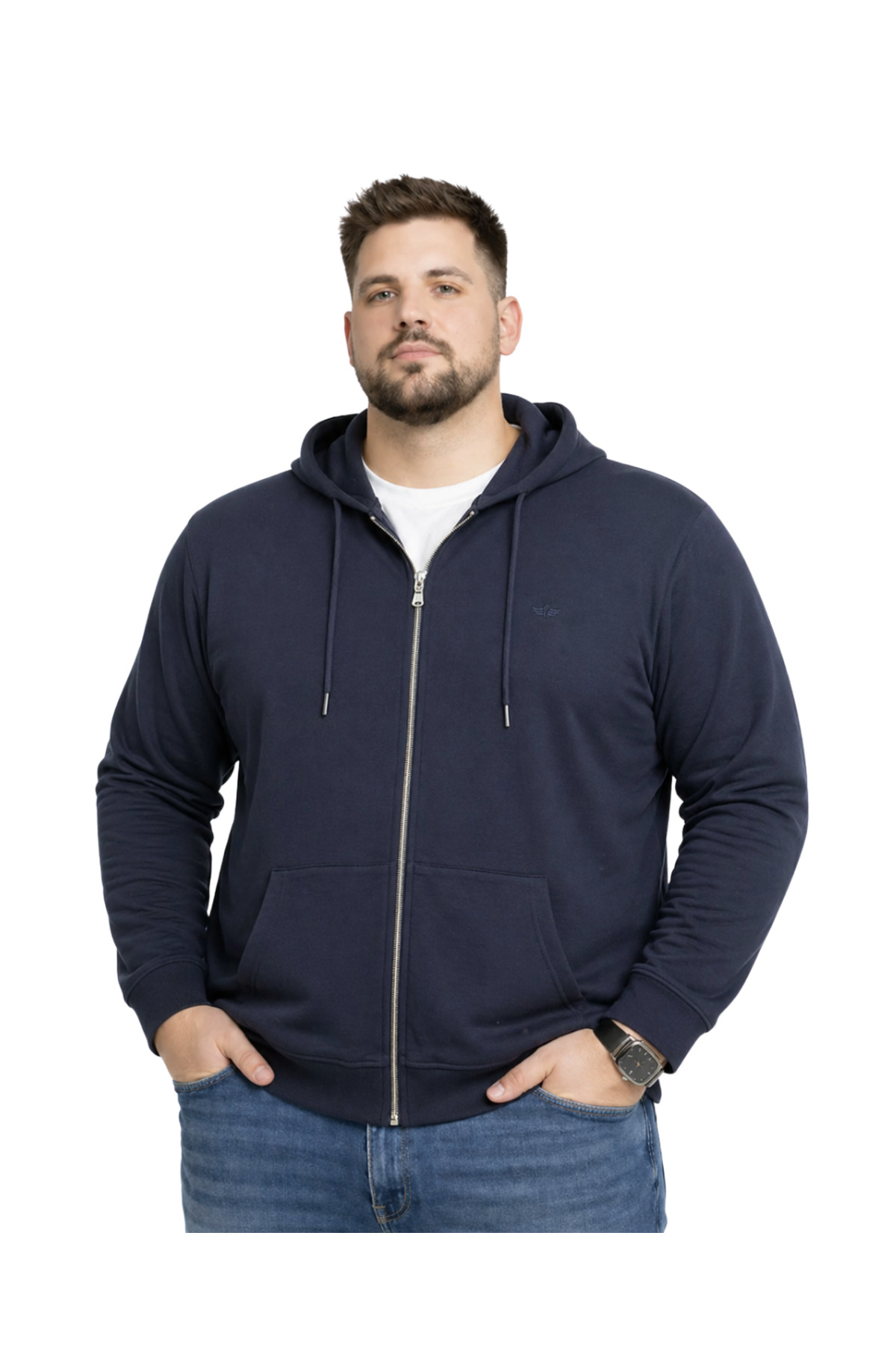 BattalModa Erkek Büyük Beden Lacivert İki İplik Kapüşonlu Fermuarlı Hırka 3XL-4XL-5XL-6XL-7XL-8XL