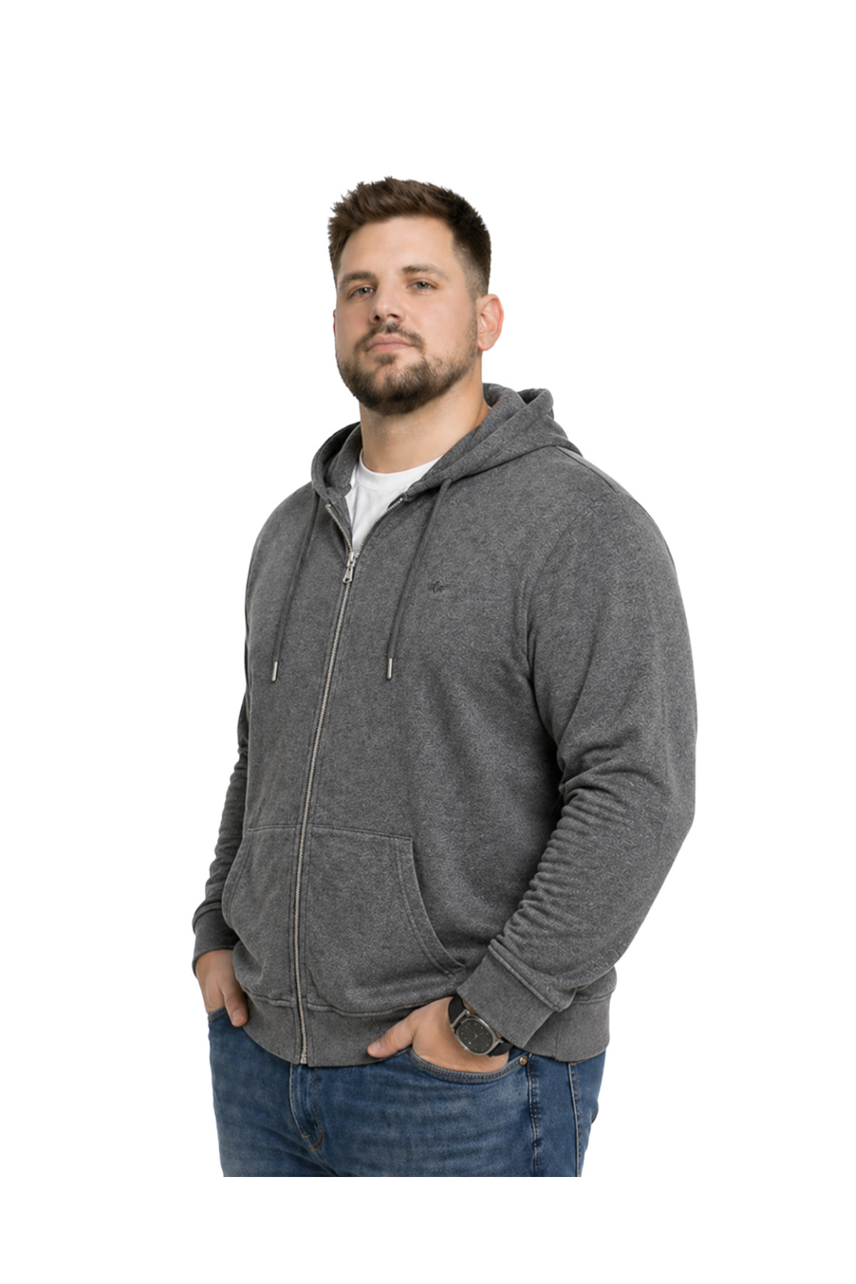 BattalModa Erkek Büyük Beden Antrasit İki İplik Kapüşonlu Fermuarlı Hırka 3XL-4XL-5XL-6XL-7XL-8XL görsel 2
