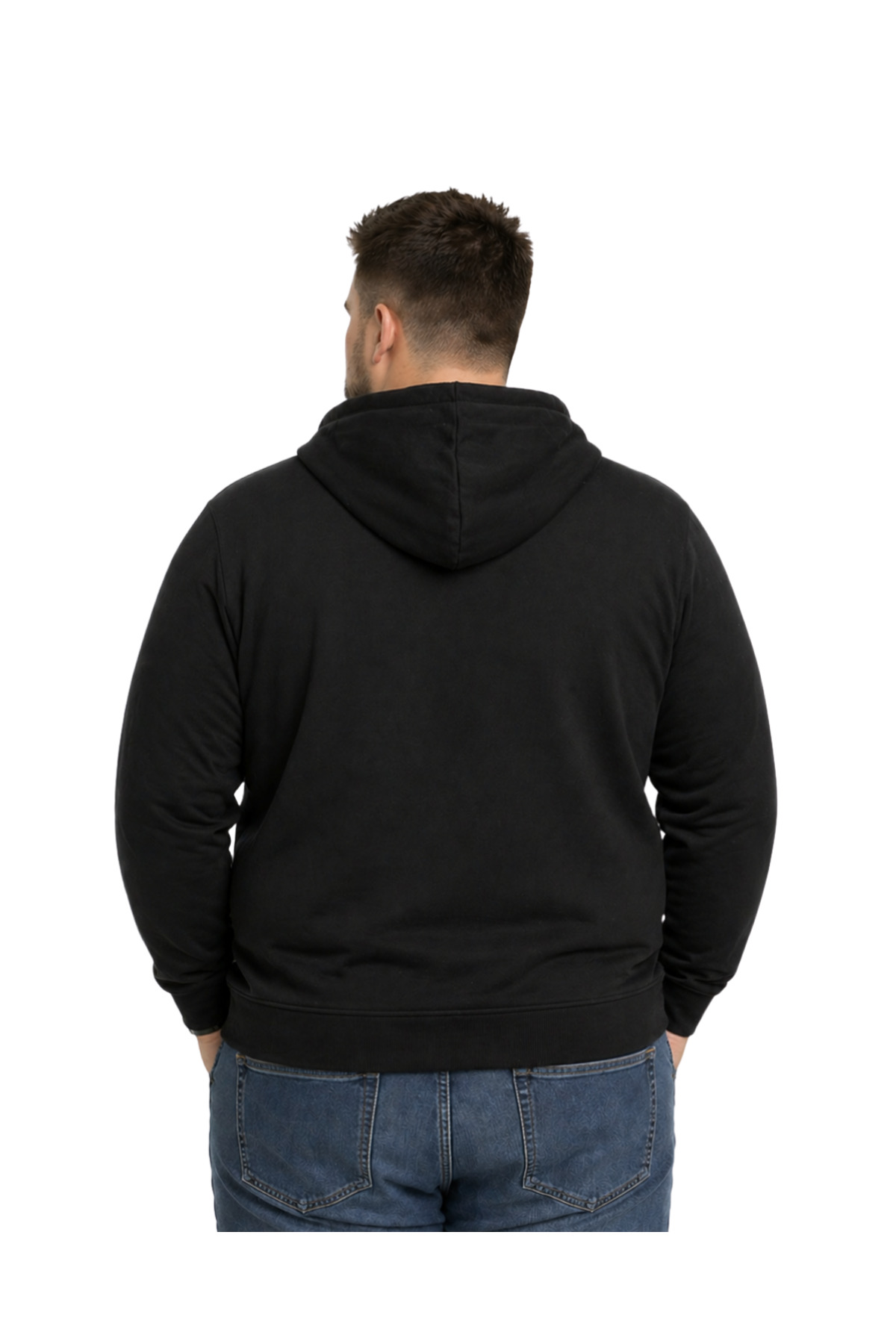 BattalModa Erkek Büyük Beden Siyah İki İplik Kapüşonlu Fermuarlı Hırka 3XL-4XL-5XL-6XL-7XL-8XL görsel 3