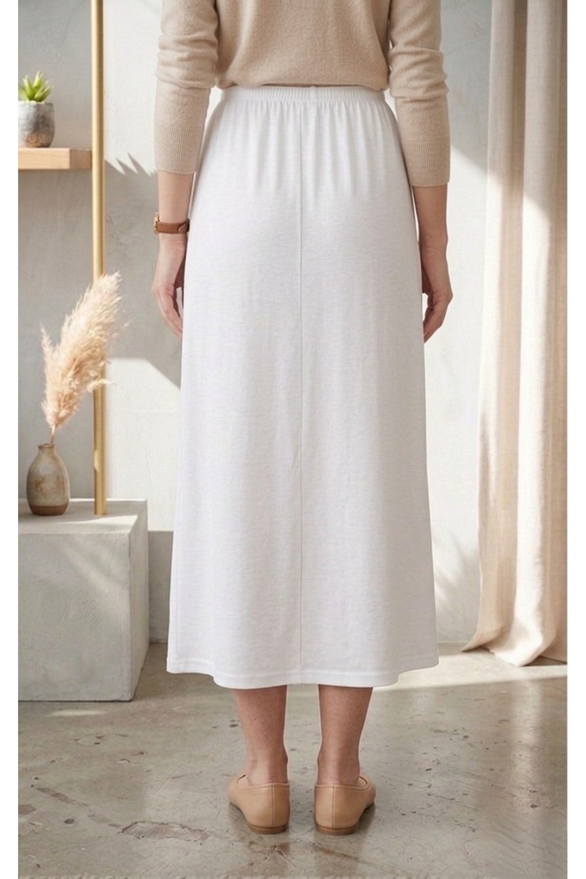 ECEYLÜL MODA Kadın Beyaz Beli Lastikli Düz Kesim Jarse Astar, İç Göstermez Rahat Kesim Etek Astarı görsel 4