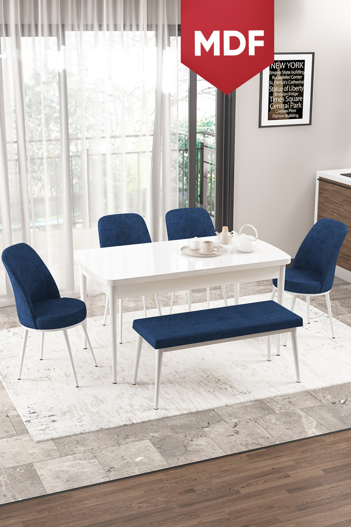 Via Series MDF Retractable Kitchen Table Set White Table 4 Navy Blue Chairs 1 Bench