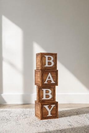 Patladı Gitti Baby Yazılı Ahşap Damarlı Baby Shower Dekorasyon Kutu Set