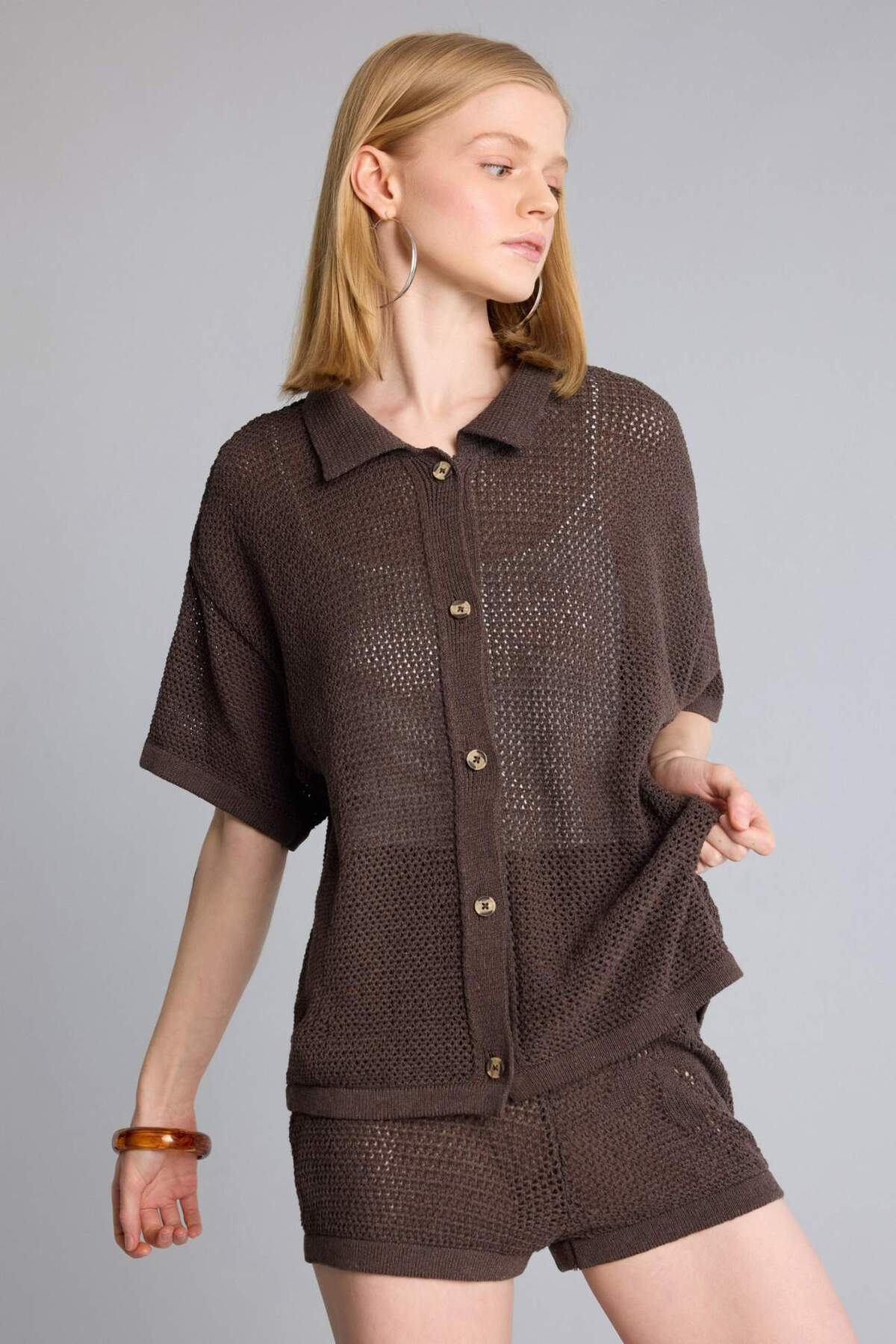 DeFacto Regular Fit Polo Yaka Kısa Kollu Ajurlu Triko Basic Hırka H7745AX26SM görsel 4
