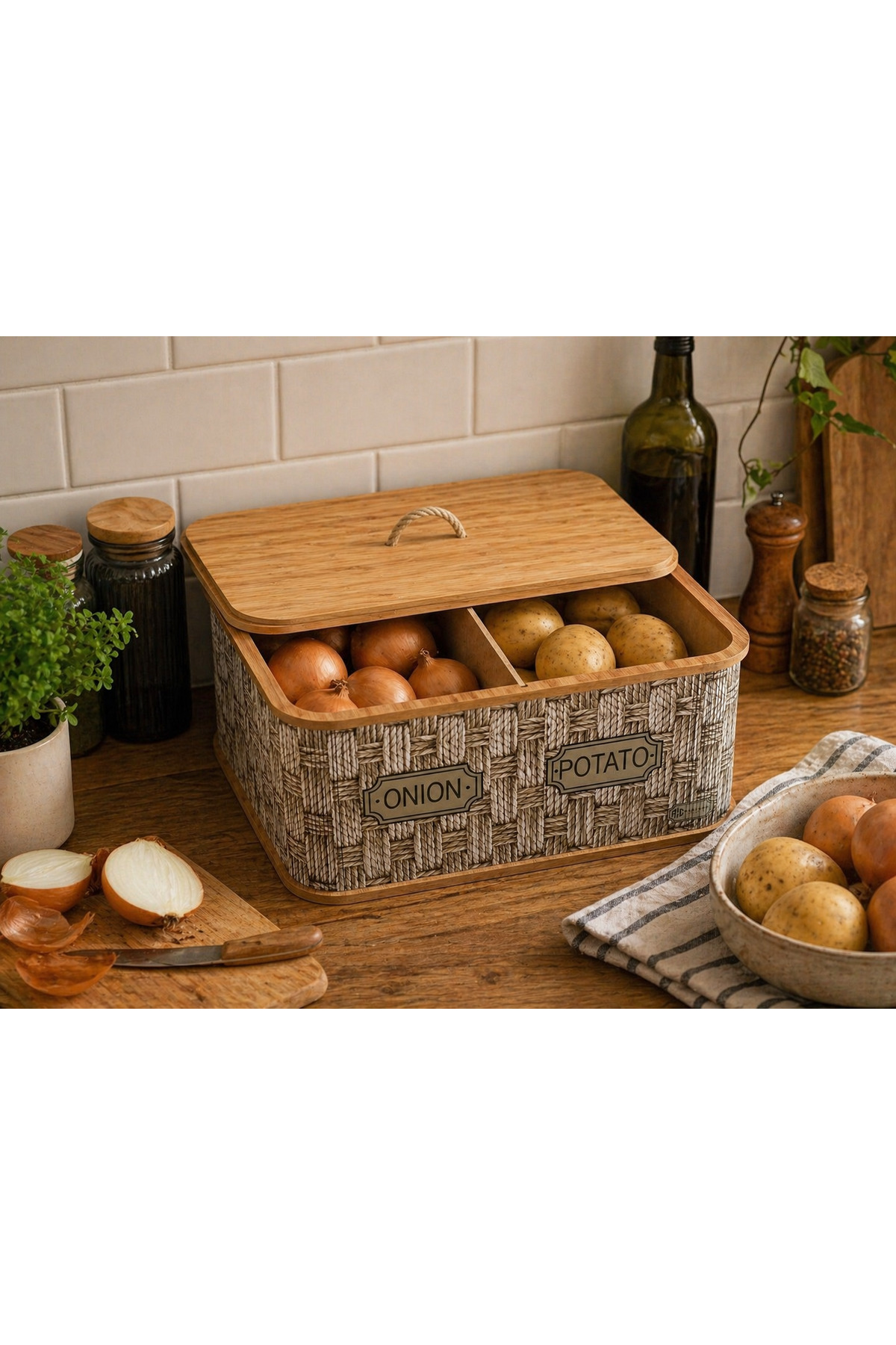 2 Compartment Pattern Natural Wooden Potato Onion Vegetable Storage Basket Potato Onion Luxury Vegetable Bucket