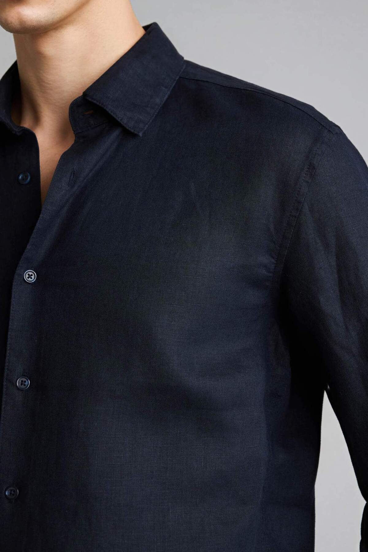 %100 Keten Regular Fit Polo Yaka Basic Uzun Kollu Gömlek C1825AX24SM — سرمه‌ای — تصویر 3 از 4