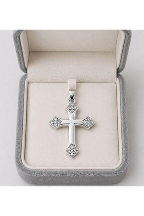 Metay Silver Zirkon Taşlı Desenli Düz Gümüş Haç Kolye Ucu