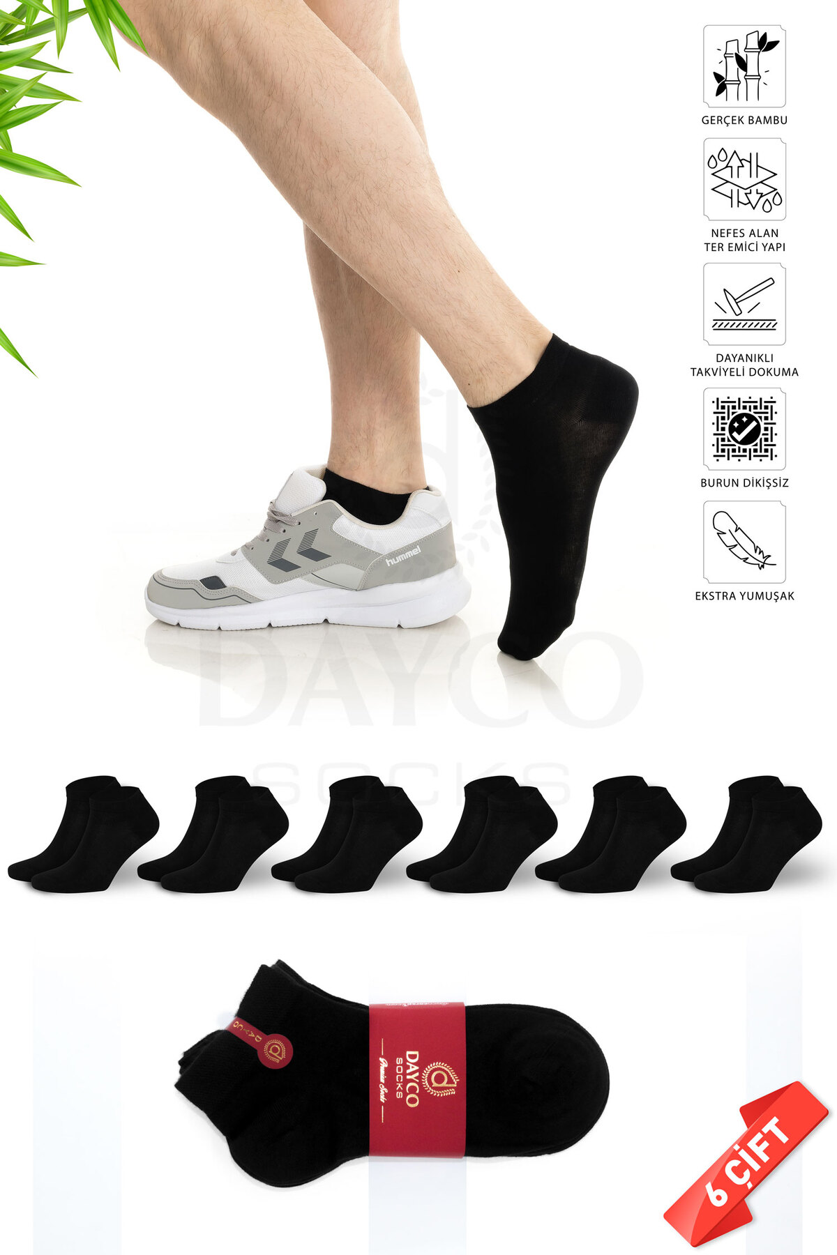 DAYCO Bambu Erkek Dikişsiz Premium Patik Siyah Çorap 6'lı Set - 41-45 - 10500-S
