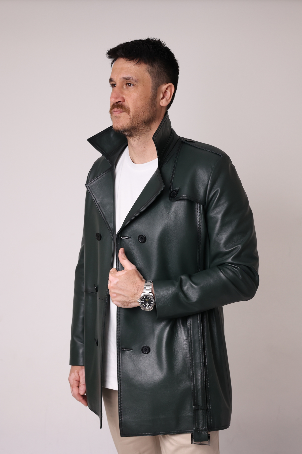 Antilop Deri Yeşil Renkte Deri Trençkot Model Detaylı Deri Ceket görsel 7