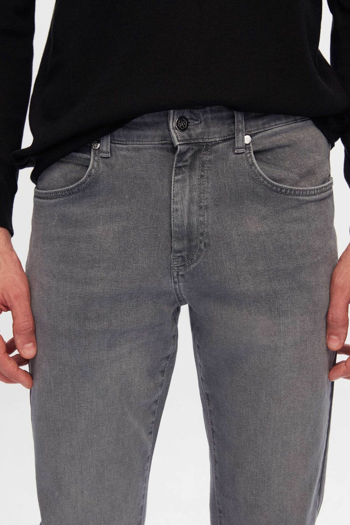 D'S Damat Slim Fit Gri Düz Boru Paça Denim Pantolon görsel 4