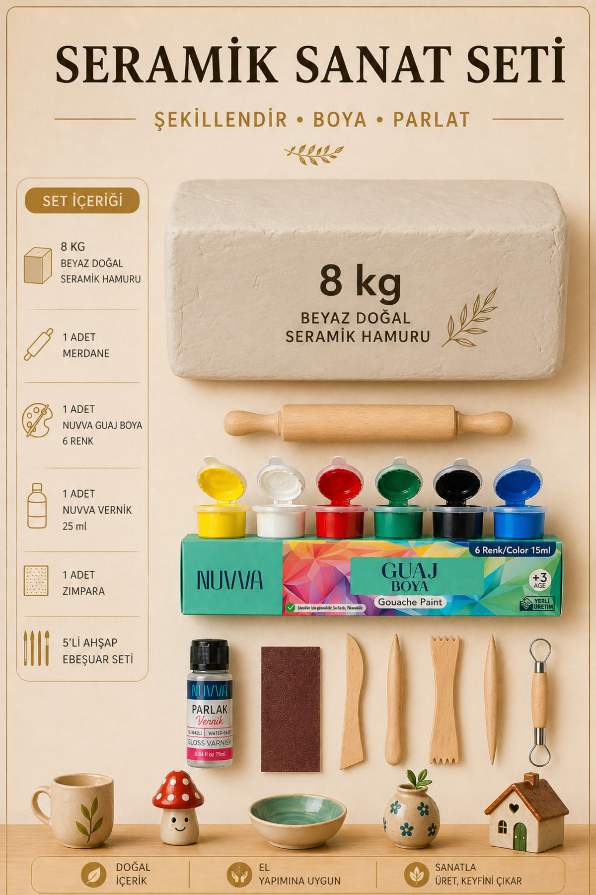 O&S Oyun ve Sanat Eğlen-Üret Seramik Hamuru Başlangıç Seti 8 Kg, 5 li Ahşap Ebeşuar (MODELAJ SETİ), Doğal Kil Çamuru