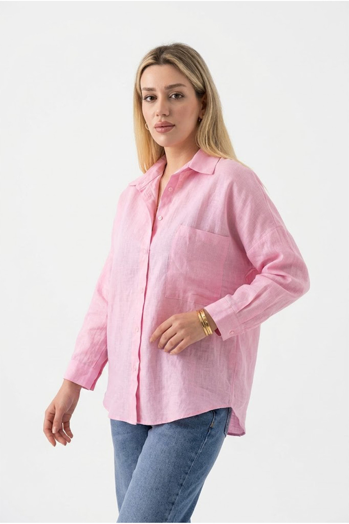 Women's Powder Pink Linen Shirt 100% Real Linen Basic Oversize Linen Pocket Long Sleeve
