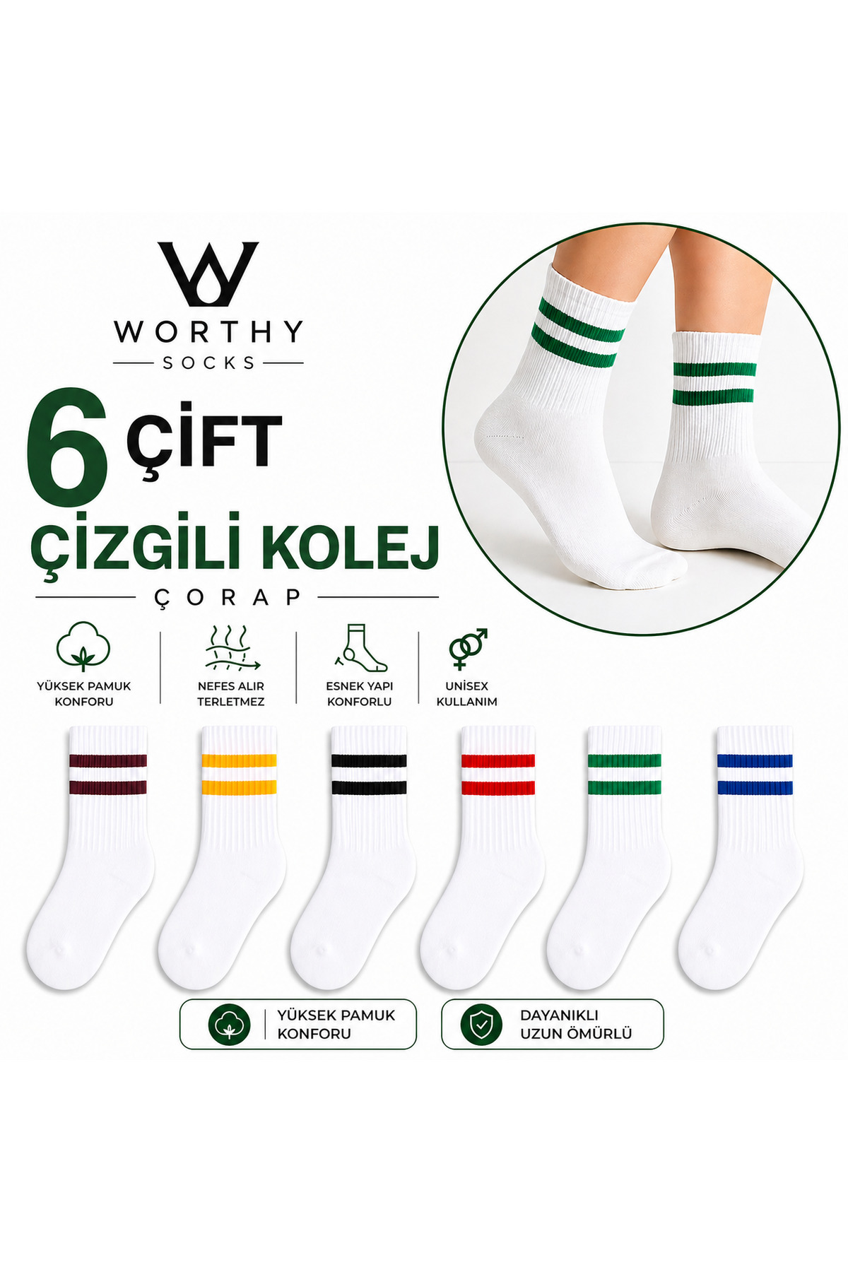WORTHY SOCKS 6'li Çizgili Unisex Pamuklu Tenis Kolej Çorap görsel 3
