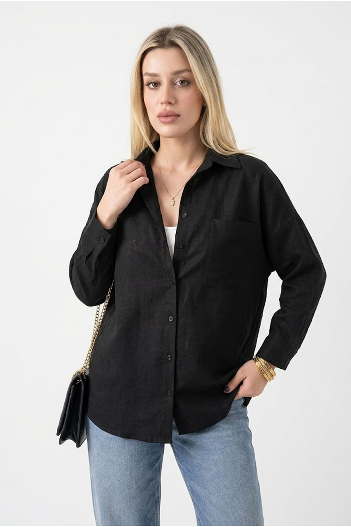 Women's Black Linen Shirt 100% Cotton Shabby Linen Long Sleeve Shirt with Pockets