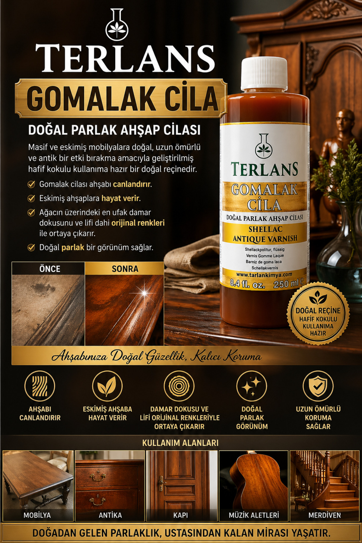 Natural Wood Polish Shellac 250 ml Antique Varnish Shellac