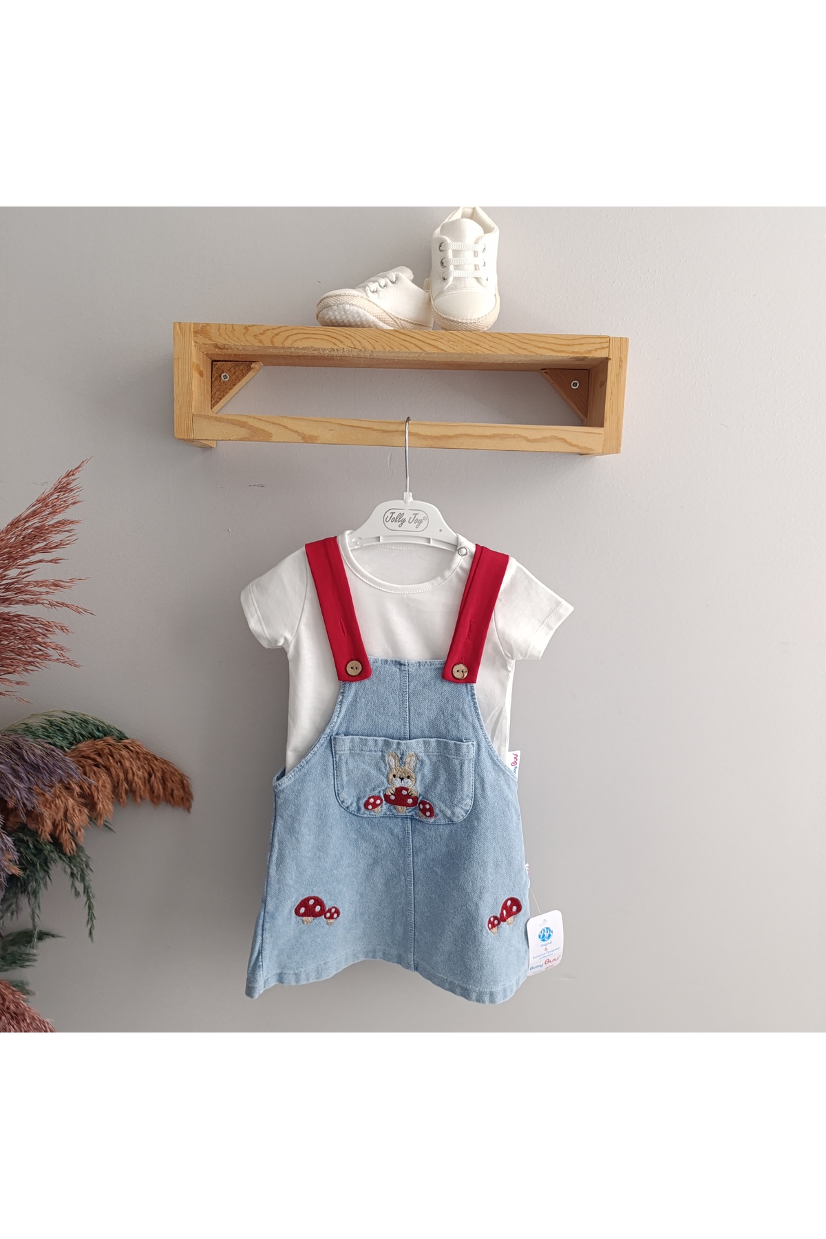 RABBIT AND MUSHROOM EMBROIDERED 100% COTTON SHORT SLEEVE T-SHIRT DENIM GILET BABY DRESS