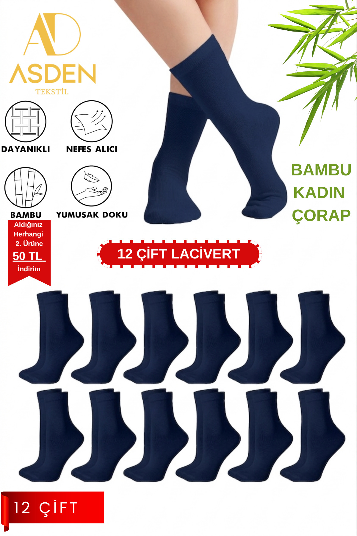Bamboo Women's Navy Blue Socket Socks 12-Pack, Washable, Seamless Toe