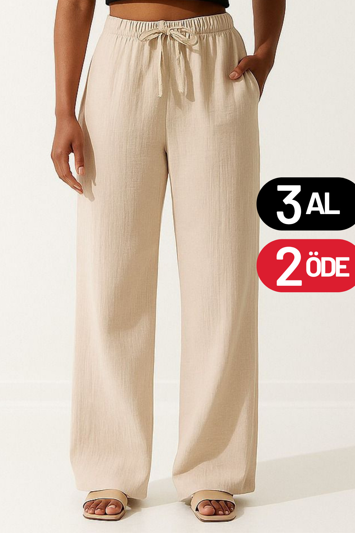 Women's Lightweight Transparent Elastic Waist Palazzo Muslin Trousers 1096