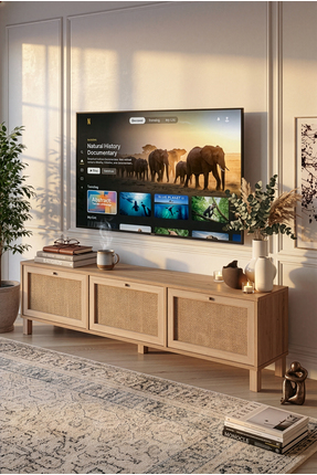 Yurudesign Dune Tv Ünitesi Sehpası Ahşap Ayaklı 3 Ahşap Jüt Kapaklı 180cm Sep...