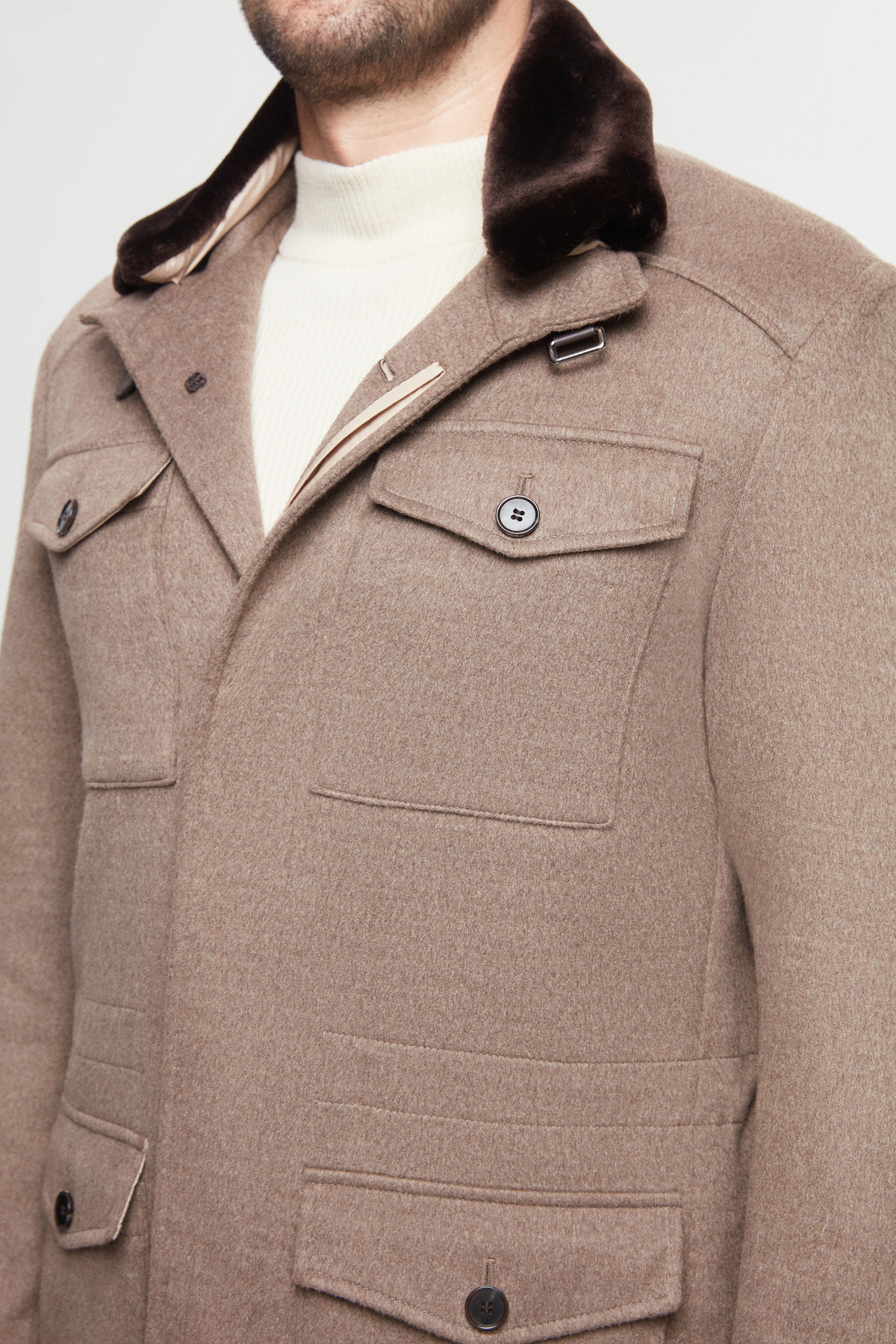Twn Slim Fit Vizon Düz Çıkarılabilir Kürklü Kaban görsel 4