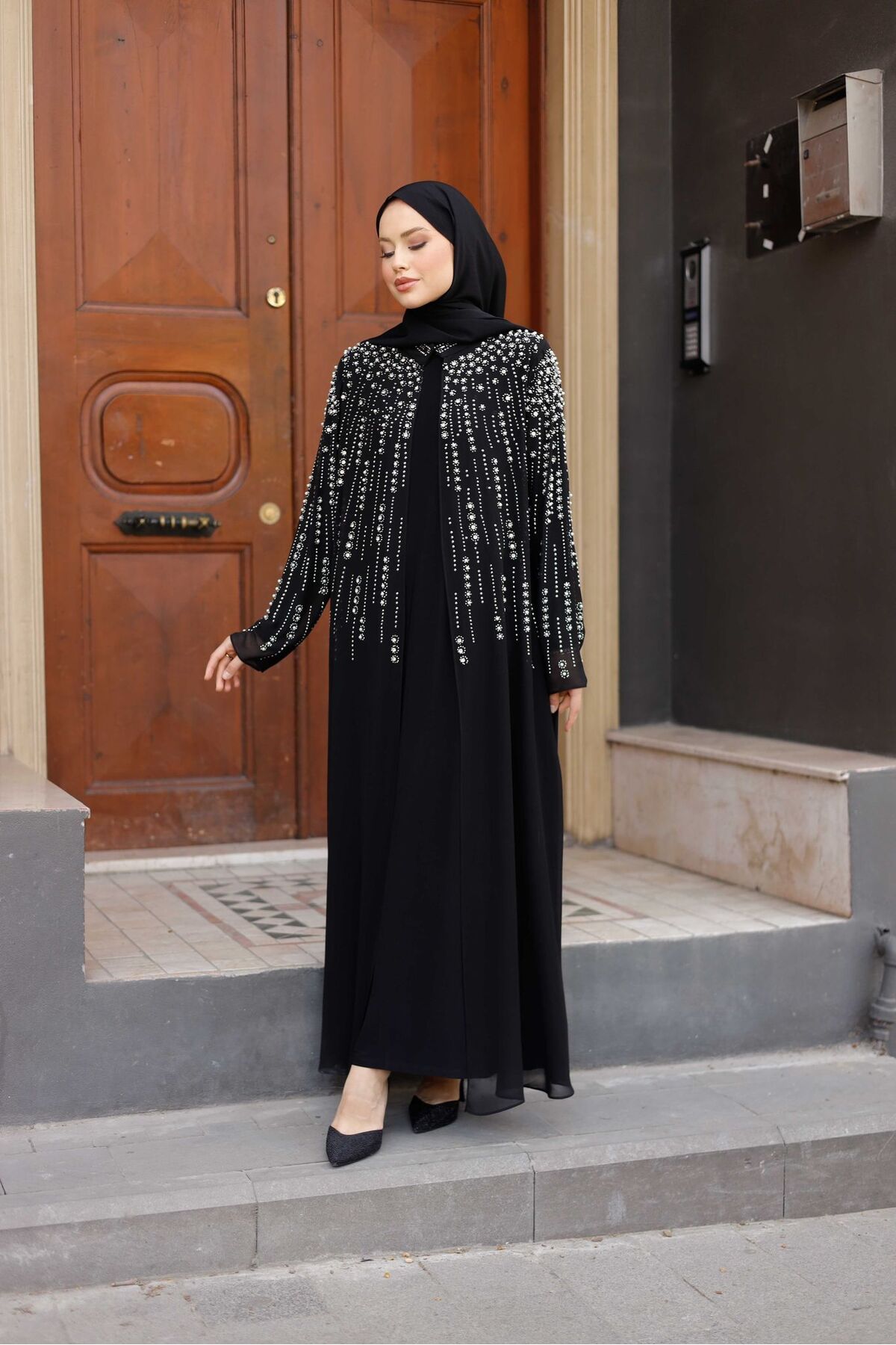 布ぞうり　にゃあ～Mom Feracem Yağmur 2 li abaya takım Suzanna kumaş taş işlemeli 38/60