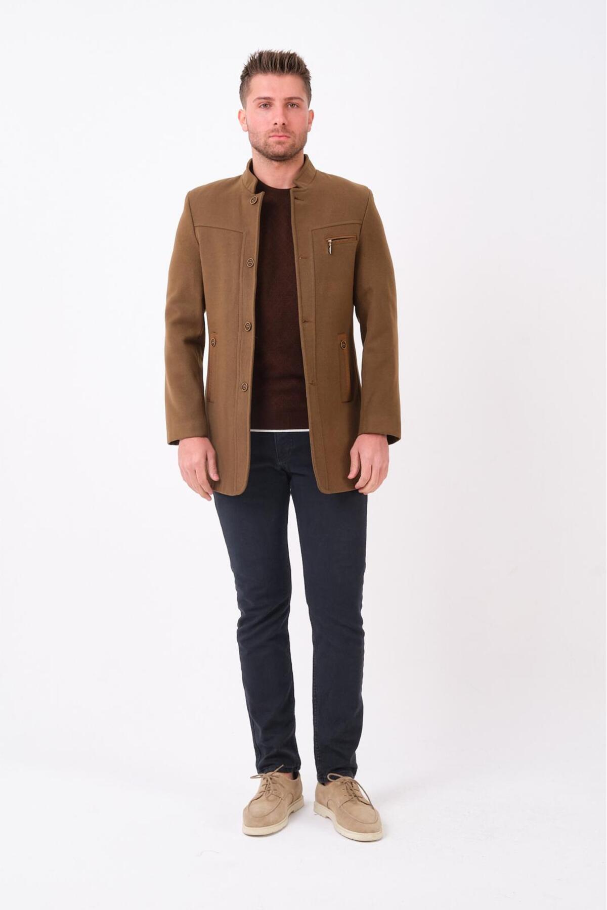Ezel Dik Yaka cep düğmeli Slim fit Erkek Kaşe Kaban 36-28 — قهوه‌ای 51013032 — تصویر 4 از 5